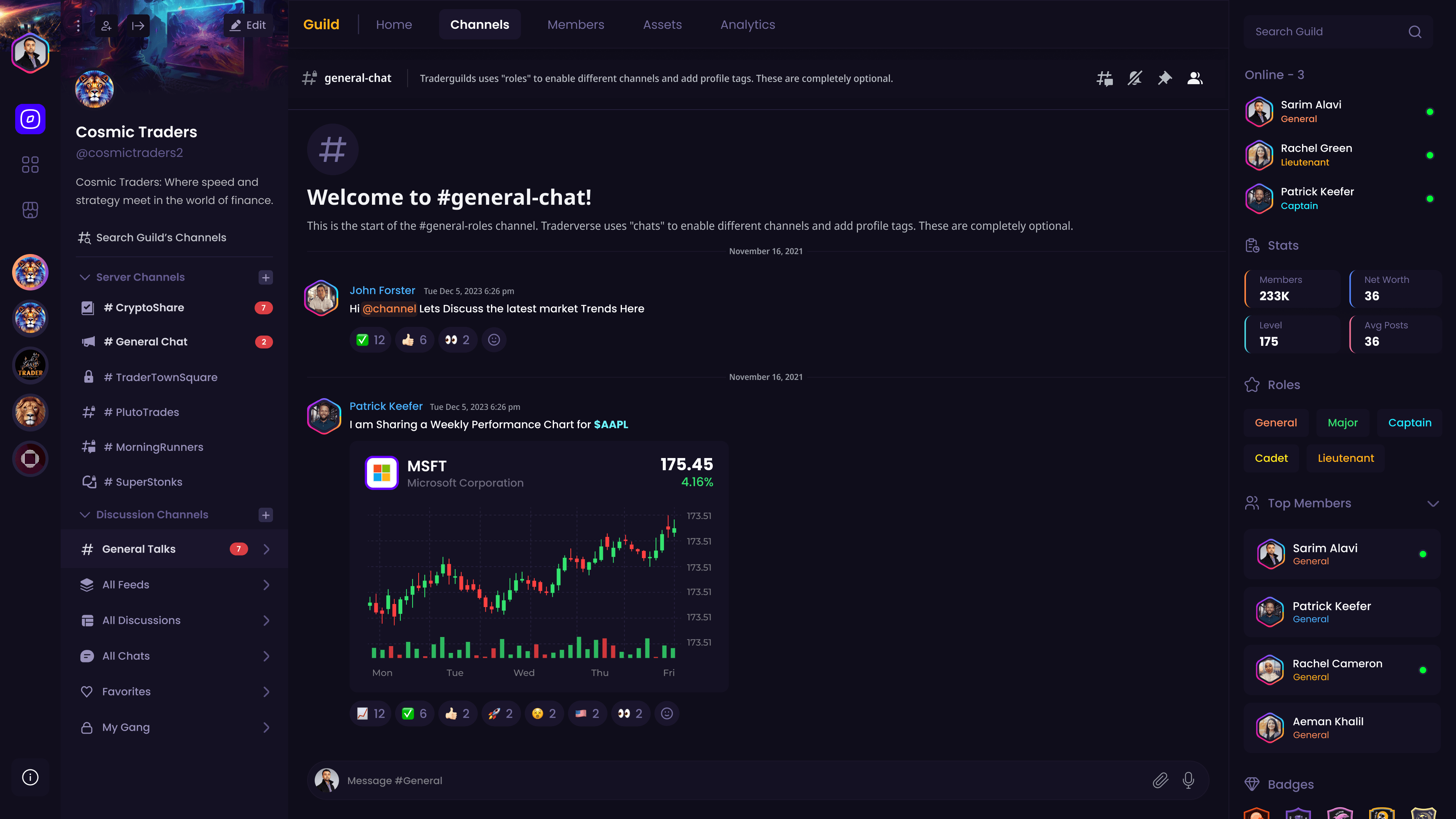 Trader Guilds platform showing channels, chat, stock charts, and community features